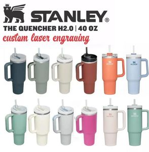 LOGO stenley H2.0 PLUS 40oz Mugs 스테인레스 스틸 핸들 뚜껑 빨대 대용량 맥주 머그 수통 분체 코팅 컵 진공 단열 음료 New
