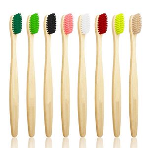 Escova de dentes de bambu com cabeça colorida Atacado Ambiente de madeira Arco-íris Escova de dentes de bambu Cuidados bucais Cerda macia