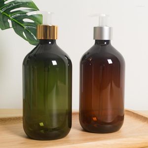 Butelki do przechowywania (10pcs) 500 ml pusta brąz/zielona plastikowa butelka z balsamą elektrochemiczna aluminiowa pompa płynna Pet Pet