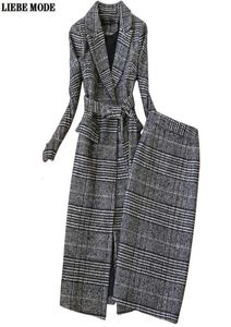 Vestido de duas peças Autumn Winter Women Women Plaid Business Suits Long Trench Coat com saias da comprimento do joelho Terno coreano Trabalho formal veste 4032229