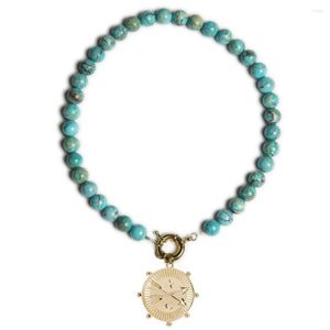 Ketten Großhandel Weibliche Mode Frauen Edna Halskette 8 mm Türkis Blau Jaspis Perlen Einzigartige Juwelen Karabiner HYPSO Anhänger