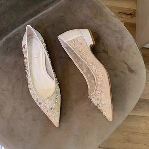 أحذية غير رسمية أحذية Rene Caovilla Women Flat Mesh Lace Luxury Crystal Decorative Designer 3cm متوسطة الكعب أحذية مصنع عالية الجودة