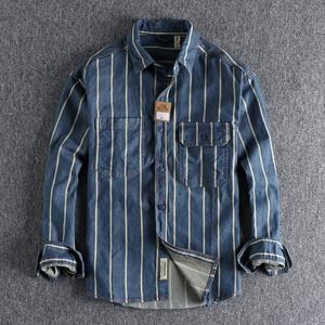 Men's Casual Shirts Autumn custom woven striped washed used denim shirt men's work style American retro trend youth shirt 230309