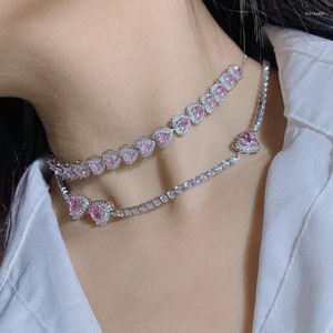 Choker 2023 Sweet Pink Heart Crystal Necklace For Women Girls Elegant Zircon Wedding Party Chain Collares Jewelry