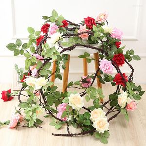 Dekorativa blommor 178 cm lång konstgjord rose murgröna vinstockar bröllopsdekor riktig beröring silk girland sträng med blad för hem hängande