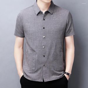 Men's Casual Shirts Summer Cotton Linen Shirt Men Short-Sleeved Solid Pocket Tops Turndown Collar Button Chemise Homme Business Blouse