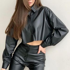 Kvinnors blusar Casual Long Sleeve Black Shirt Fashion Button Slim Clothing Y2k Topps Pu Leather Sexy Crop Blouse Women Streetwear Jacket