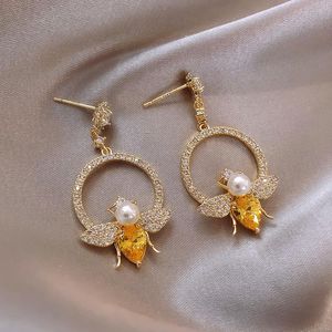 Dangle Earrings & Chandelier Trendy Female Pearl Crystal Cute Bee Round Drop Charm Yellow Gold Color Stud Wedding For WomenDangle