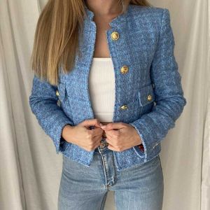 Damenjacken Frau Elegante blaue karierte Tweed-Jacke 2023 Herbst schicke weibliche gerade Einreiher Damen solide Taschen-Outwear