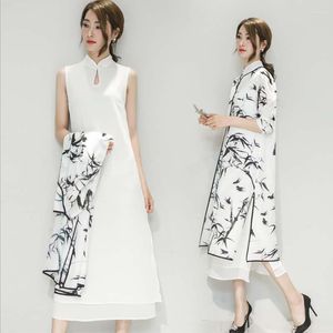 Abbigliamento etnico Abito cinese orientale cheongsam da donna Ink Bamboo Print Abiti da sera tradizionali da sera con eleganza retrò