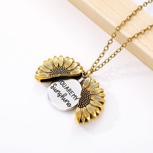 Anhänger Halsketten Böhmische Mode Mia Sonnenblume Doppel Offene Metall Halskette Damen Lange Kette Schriftzug You Are My Sunshine