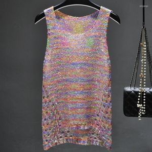 Damen Tanks 2023 Sexy Bling Gold Shiny Hollow Out Gestrickte Tank Tops Frauen Silber Pailletten Strickweste