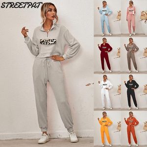 Kvinnors spårningsdräkter Ribbed stickad 2 tvådelar Set Women Casual Streetwear Outfits Pocket Sleeve Pullover Pants Passar Spring Loungwear