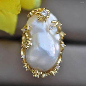 Cluster Rings Z10311 Huge 32mm White Gray Lavender Black Baroque Keshi Pearl Gold-plating CZ Ring