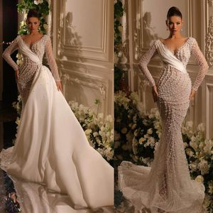 Изысканное жемчужное русалка Свадебные платья Элегантное свадебное платье с полным рукавом с съемным платьем для железнодорожного поезда vestido de novia