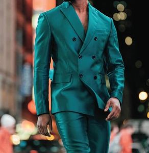 Men's Suits & Blazers Fashion Design Green Satin Peaked Lapel Double Breasted Customized Made Handsome Suit For Wedding Slim Fit Party Wear