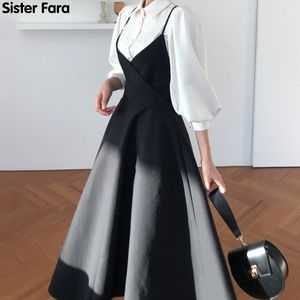 Casual Dresses Sister Fara Spring Dress Women Single Breasted Lantern Sleeve Shirt SetCamisole Bow Pleated Solid Dresses 230309