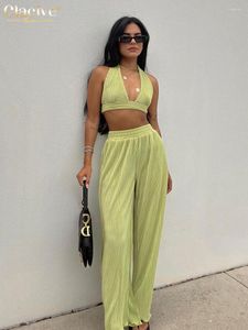 Kvinnors tvåbitar byxor ClaceVe Summer Green Pleated 2 Set Women outfit Fashion Halter Crop Top Matching High midje bred Set Female in