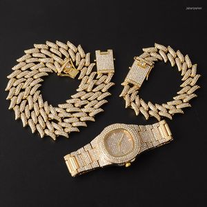 Chains 1Hip Hop 19MM 3PCS Jewely Wet Watch Necklace Bracelet Bling Iced Out Alloy Rhinestones Thorns Cuban Link For Men Guys