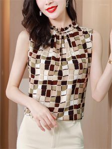Bloups feminina Moda Blusa Elegante Chiffon Summer 2023 Pullover xadrez mangas do cargo de estampa de primeira linha Camisas formais