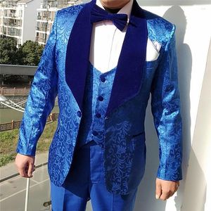 Men's Suits Royal Blue Floral Groom Tuxedos For Wedding Formal Men With Velvet Shawl Lapel Groomsmen Prom Dinner Male Blazer