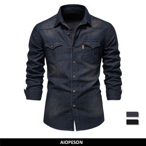 Men's Casual Shirts AIOPESON Brand Elastic Cotton Denim Shirt Men Long Sleeve Quality Cowboy Shirts for Men Casual Slim Fit Mens Designer Clothing 230308