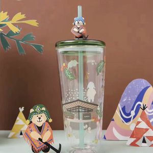 Water Bottles creative cartoon glass Tea cup with lid and straw Milk Glass with Handle coffee cups glass cup set cold cup kawaii mug 230309