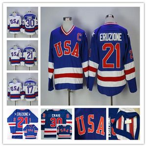 Custom 1980 Man Retro USA хоккейные майки 17 Джек Окаллахан 21 Майк Эрузионе 30 Джим Крейг Цвет Блю белый сшитый