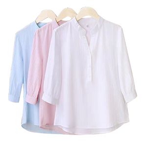 Camicette da donna Camicie Camicia elegante a mezza manica Insta Camicia bianca con bottoni rosa Camicetta vintage Collo alla coreana Camicia da donna in cotone Casual femminile S-3XL 230309