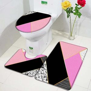 Tapetes de 3pcs 3pcs tapetes de banho geométricos Definir linha de ouro criativo Black Pink Marble Door Tapete de porta de mármore moderno Decoração de banheiro não deslizamento tapete de tampa do banheiro