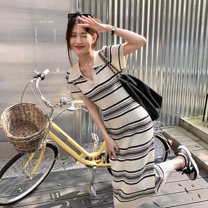 Casual Dresses Women Dress Knitted Striped Elegant Office Ladies Vintage Slim Short Sleeve Summer Korean Fashion ClothesCasual