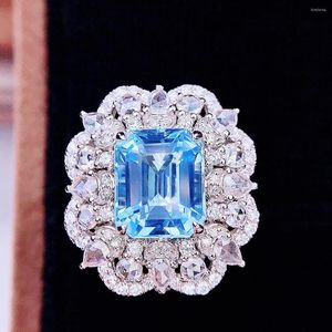 Klusterringar hjy aquamarine ring fina smycken ren 18k guld naturlig 3,26ct blå ädelstenar för kvinnor födelsedagspresenter