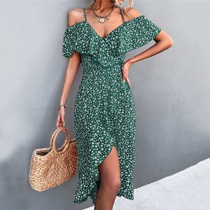 Casual Dresses Wayoflove Ladies Spring Summer Sexy Straps Women Green Off Shoulder Ruffles Casual Beach Dresses Female Floral Print Dress 230309