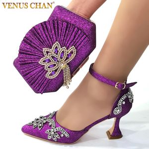 Sandals Summer Italian Design Purple Full Flash Drill Pointed Women's Shoes Exquisite Party Women's Shoes And Bag Set 230309