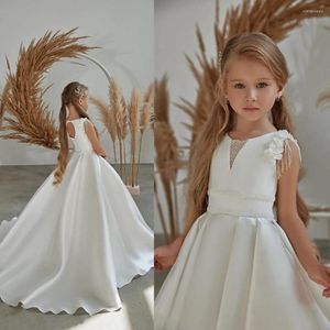 Girl Dresses Simple White Flower Dress For Wedding 3D Flowers Beaded Satin A-Line Pleated Birthday Pageant Robe First Communion Kid Gown