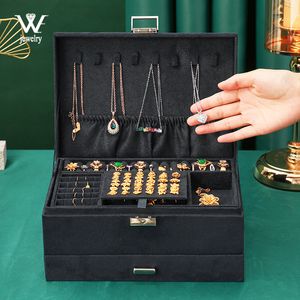 Mücevher Kutuları Biz büyük boy 3 katlar siyah pazen mücevher kutusu boite bir bijou mücevher organizatör kolye küpe saklama kutusu kadınlar için hediyeler 230309