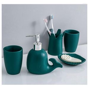 Badtillbehör Set badrum keramik femdelar val delfiner form tvättförsörjning kit sköljning kopp tandborste hållare lotion flaskan tvål maträtt