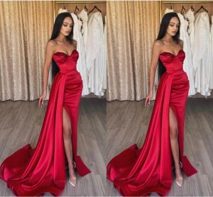 Dark Red Prom Dresses Mermaid Side Split Beaded Sleeveless Satin Pleats Custom Made Evening Gown Formal Ocn Wear Vestidos Plus Size 403