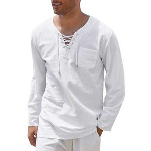 T-shirty męskie Summer New Męskie T-shirt Bawełniane ubrania lniane v szyja sznurka w górę luźne topy koszulka plaża swobodny pullover s-4xl g230309