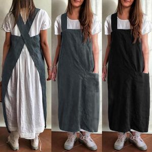 Sukienki swobodne kobiety vintage bez rękawów solidne kieszenie boczne sukienki fartucha