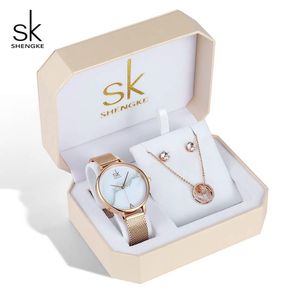 손목 시계 Shengke Women Watches 세트 럭셔리 크리스탈 귀걸이 목걸이 2023 SK Ladies Quartz 시계 선물