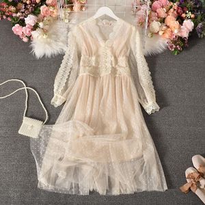 Casual Dresses Two Pieces Spring Autumn Long Lantern Sleeve Lace Dress Women V-Neck Dot Mesh Female A Line Pleated Party Vestidos