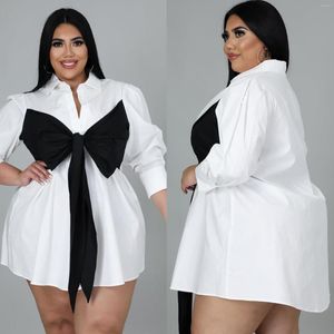 Kvinnors blusar Autumn Long Sleeve Women Single Breasted White Top Patchwork Bow Shirt Dress Preppy Style Plus Size Blusa Korean