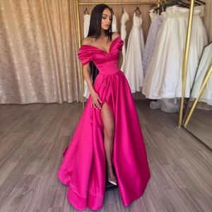 Fuchsia Side Split Prom Dresses A Line Evening Gowns Off The Shoulder Pleated Floor Length Satin Special Occasion Formal Wear