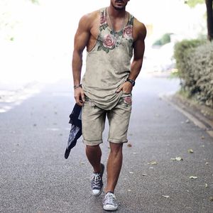 Mens Tracksuits Summer Vest Matching Shorts 3D Style 2 Piece Suit Samma färg Male Camisole Pocket Drawstr Pants Leisure Hip Hop Tracksuit 230308