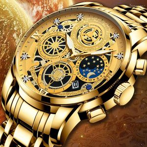 Relógios de pulso fngeen quartzo relógio masculino top tira de ouro luminoso mãos skeleton dial calendário regulação masculino