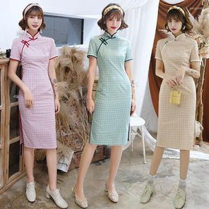 Etniska kläder Summer Women Cotton Qipao Grid Short Sleeve Lady Party Dress Kvinnlig vintage -knapp Kinesisk traditionell cheongsam