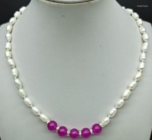 Chains Rare White 9-10mm Freshwater Cultured Pearl & Rose Red 10mm Jade Round Bead Fashion Necklace 18 Inch Women's