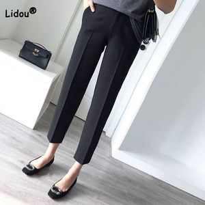 Women's Pants Capris Fashion Solid High Waist Cigarette Pants Spring Summer All-match Thin Office Lady Splicing Pockets Wide Leg Nine Points Trousers 230309