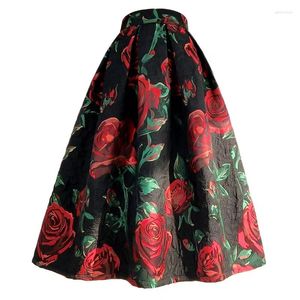 Skirts Spring Autumn Women's Clothing Winter Trend 2023 Vintage Aesthetic High Waist Long Pleated Red Rose Black Skirt Rave Outfits